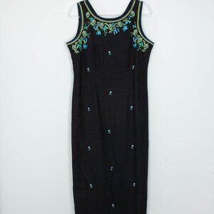 Vintage Megan Lee Womens Floral Embroidered Linen Blend Maxi Dress Size 12 Black